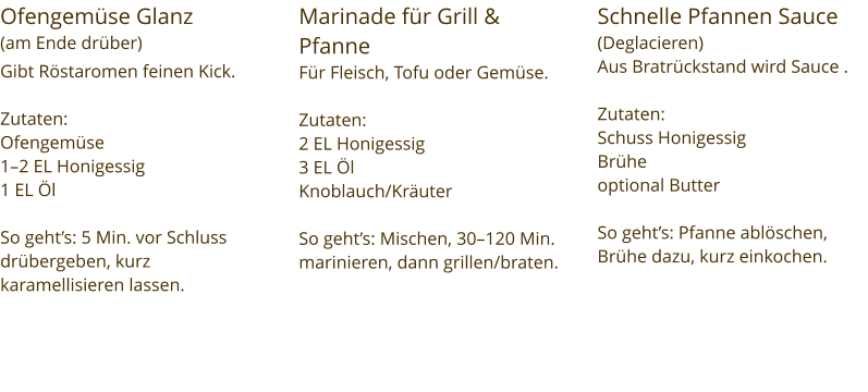 Ofengemüse Glanz  (am Ende drüber) Gibt Röstaromen feinen Kick.  Zutaten:  Ofengemüse 1–2 EL Honigessig 1 EL Öl  So geht’s: 5 Min. vor Schluss drübergeben, kurz karamellisieren lassen. Marinade für Grill & Pfanne Für Fleisch, Tofu oder Gemüse.  Zutaten:  2 EL Honigessig 3 EL Öl Knoblauch/Kräuter  So geht’s: Mischen, 30–120 Min. marinieren, dann grillen/braten. Schnelle Pfannen Sauce (Deglacieren) Aus Bratrückstand wird Sauce .  Zutaten:  Schuss Honigessig Brühe optional Butter  So geht’s: Pfanne ablöschen, Brühe dazu, kurz einkochen.